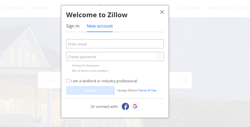Ejemplo de formularios de contacto: Zillow